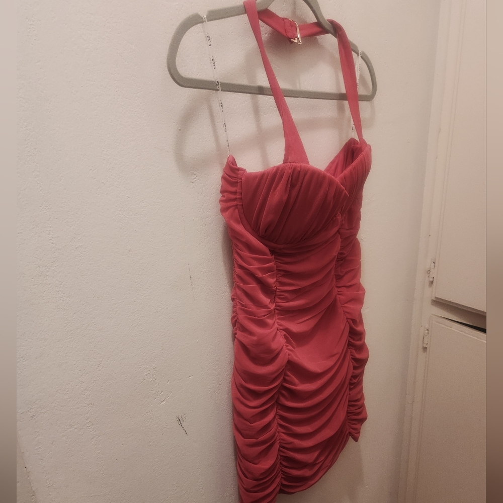 Club L London | Breakthough Raspberry Ruched Halterneck Mini Dress - Picture 6 of 9